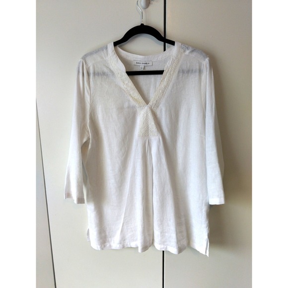Emily Daniels Tops - Womens Linen Blend Crochet Detail Tunic Top Size L Coastal Resort Quiet Luxury